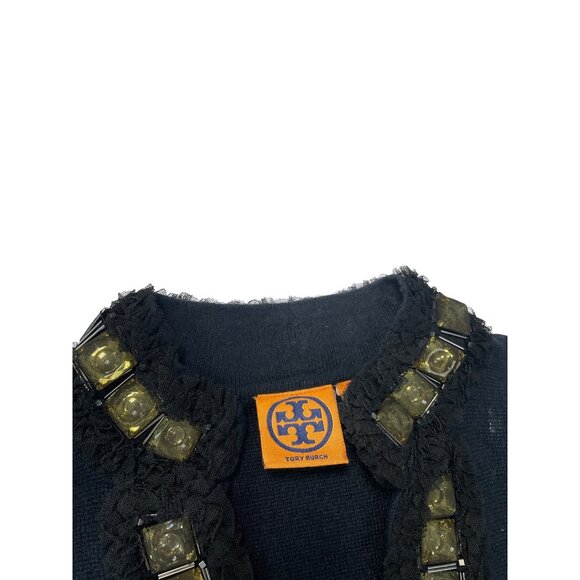 Tory Burch womans Charcoal Gray blue undertones black wool cashmere embelished S - Picture 3 of 13